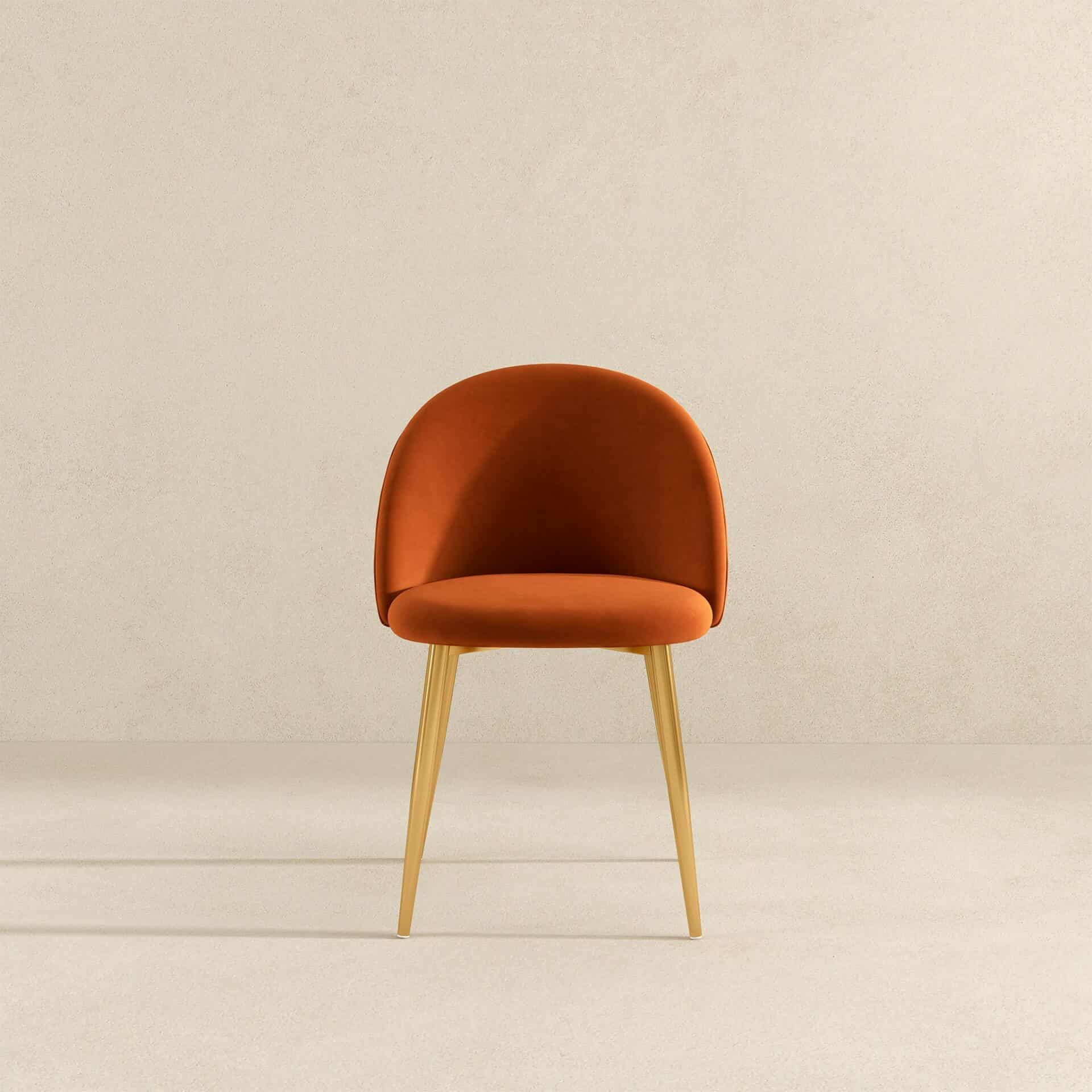 Orange Velvet Mid Century Modern Dining Chair Gold Legs (Set of 2) 6 Orange Velvet Mid Century Modern Dining Chair Gold Legs (Set of 2) - Image 6