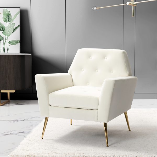 Maris Ivory Velvet Tufted Accent Chair with Golden Legs