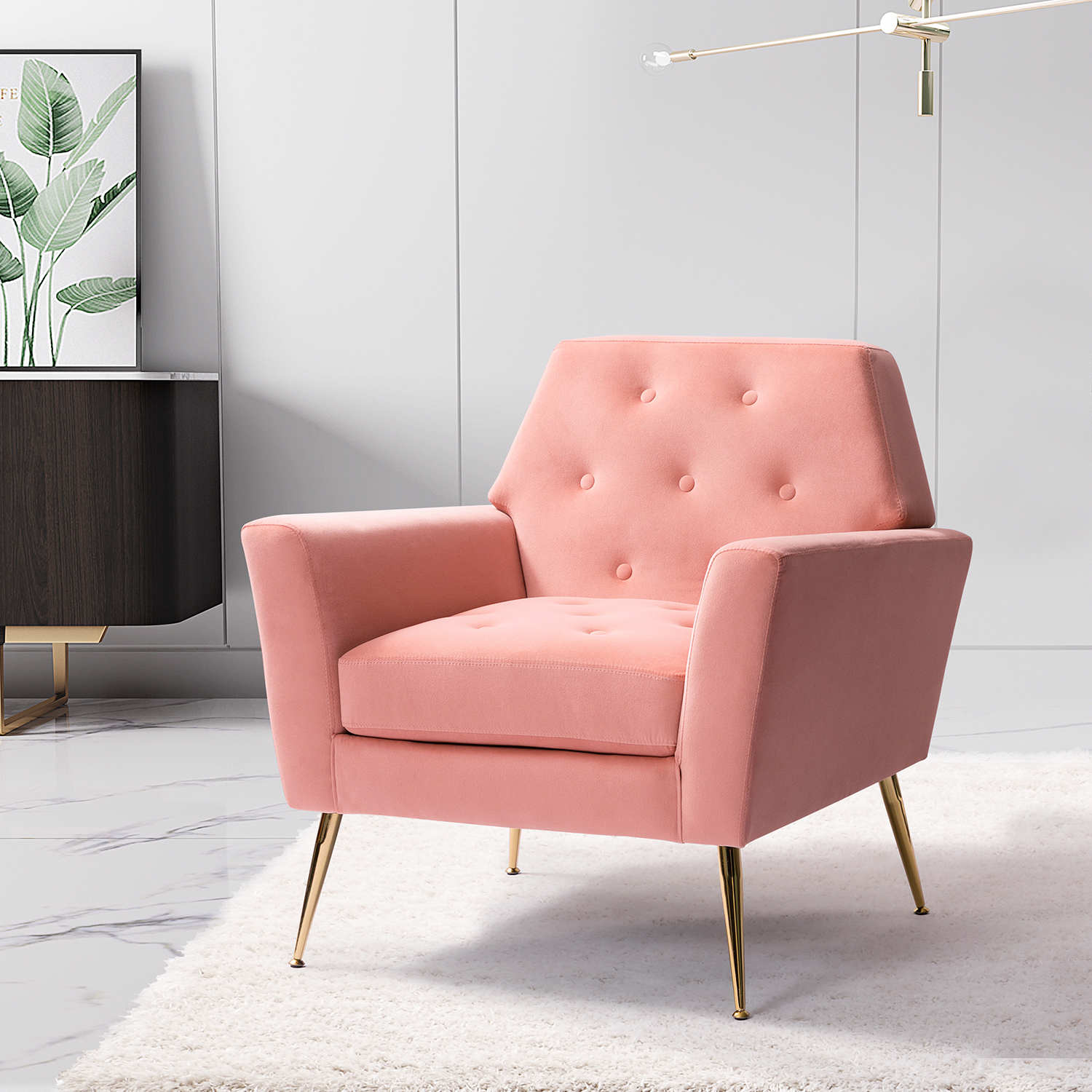 Maris Pink Velvet Tufted Accent Armchair with Golden Metal Legs 1 Maris Pink Velvet Tufted Accent Armchair with Golden Metal Legs