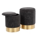 Marla Black Fabric Nesting Ottoman Set Gold Metal Base
