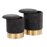 Marla Black Fabric Nesting Ottoman Set Gold Metal Base