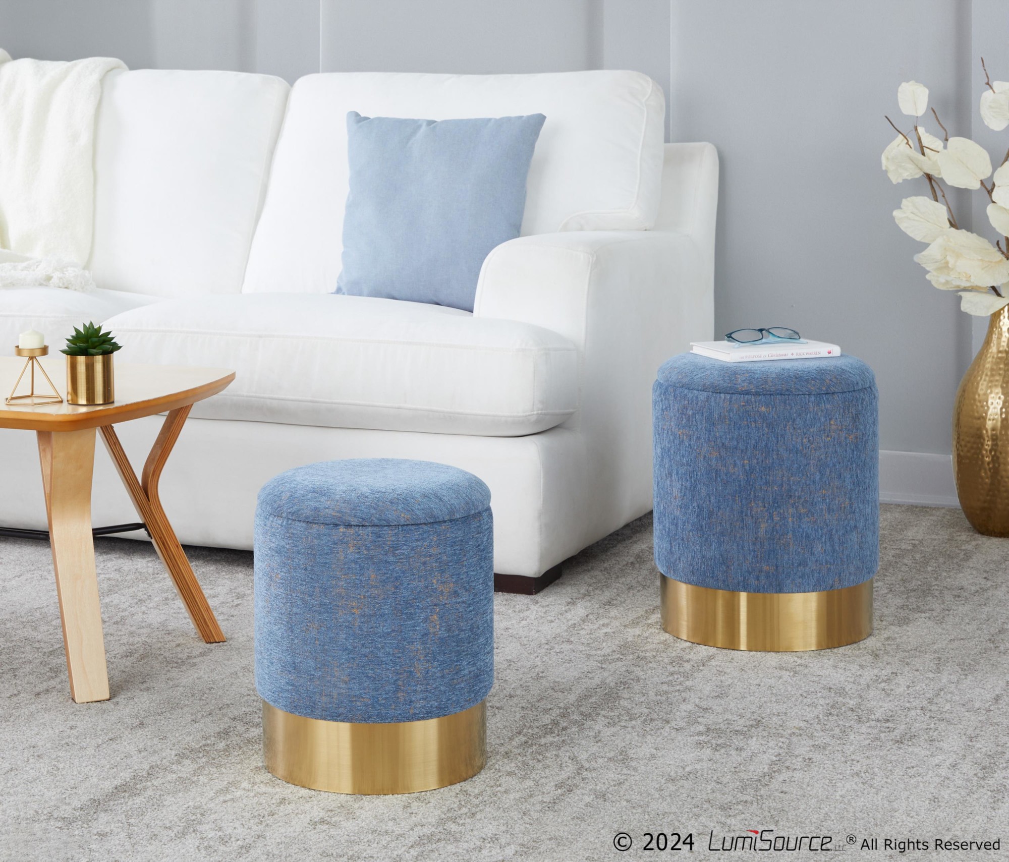 Marla Blue Fabric Gold Metal Nesting Ottomans Contemporary 2 Marla Blue Fabric Gold Metal Nesting Ottomans Contemporary - Image 2