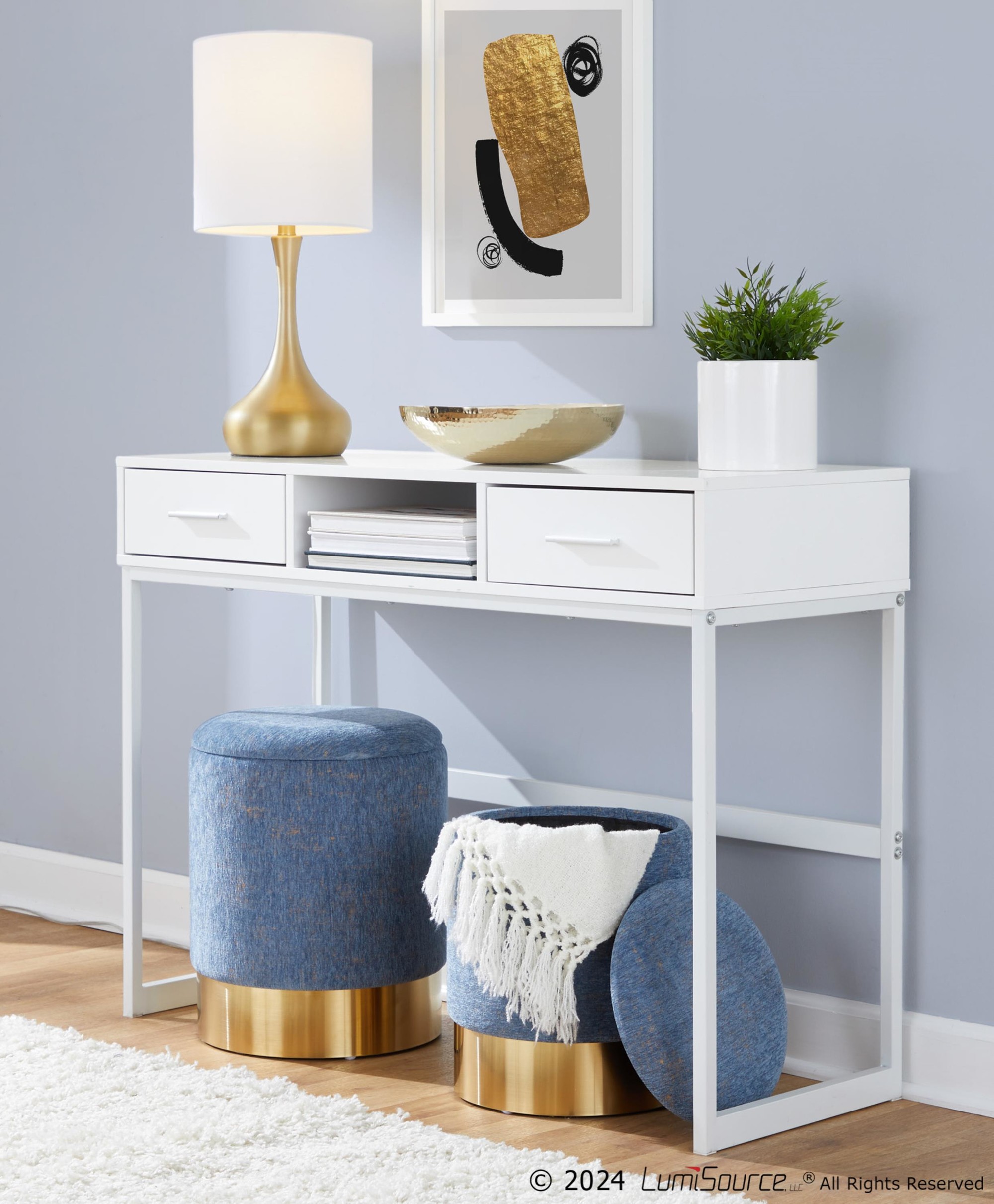 Marla Blue Fabric Gold Metal Nesting Ottomans Contemporary 3 Marla Blue Fabric Gold Metal Nesting Ottomans Contemporary - Image 3