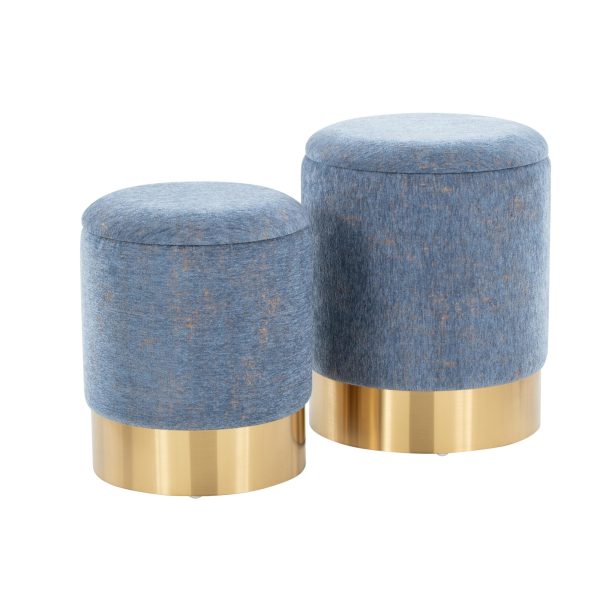 Marla Blue Fabric Gold Metal Nesting Ottomans Contemporary 3