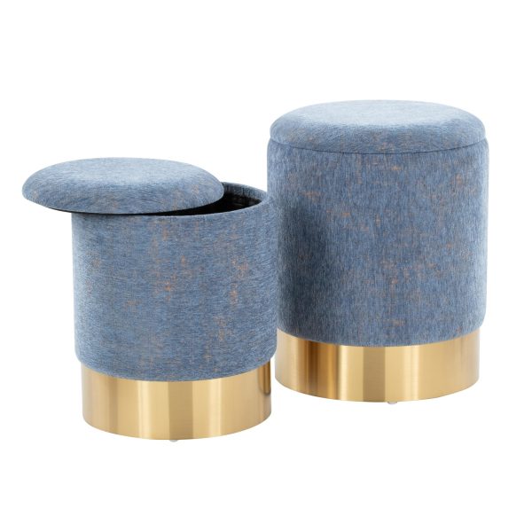 Marla Blue Fabric Gold Metal Nesting Ottomans Contemporary 4