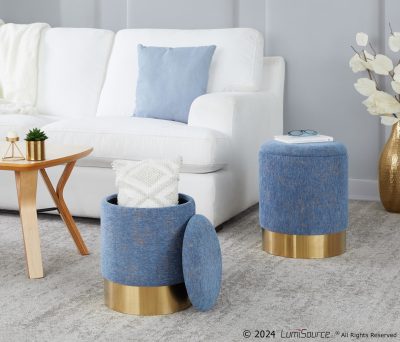 Marla Blue Fabric Gold Metal Nesting Ottomans Contemporary