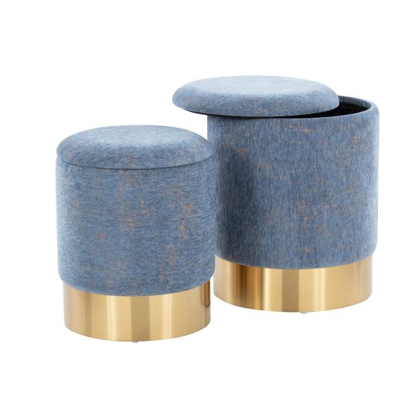 Marla Blue Fabric Gold Metal Nesting Ottomans Contemporary 5