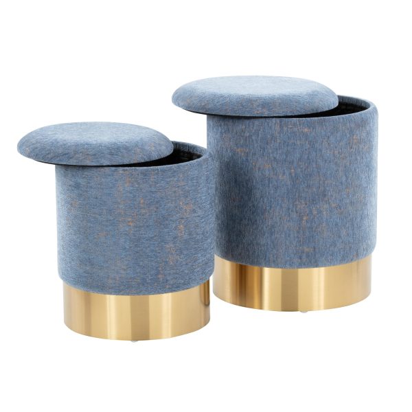 Marla Blue Fabric Gold Metal Nesting Ottomans Contemporary 6
