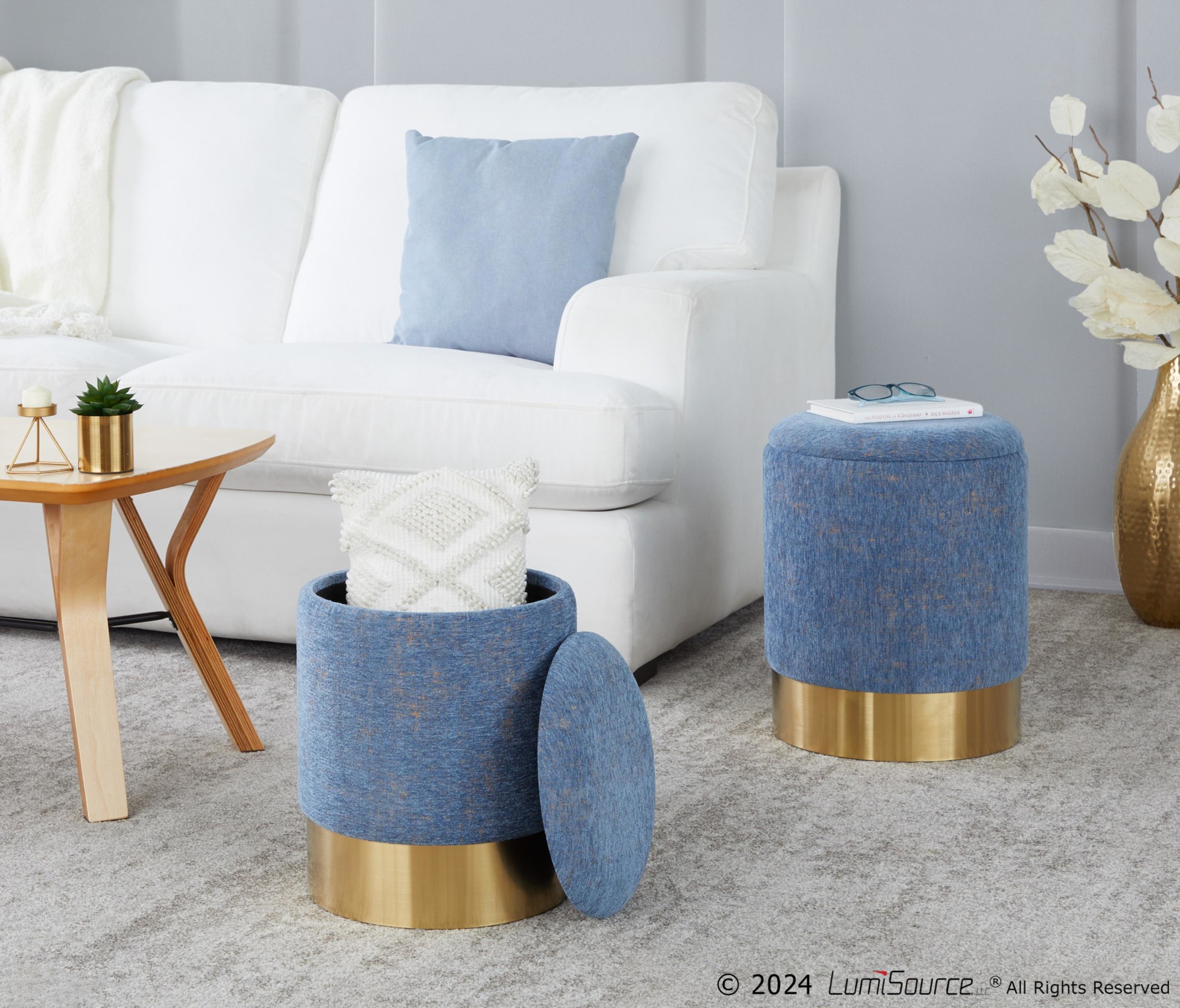 Marla Blue Fabric Gold Metal Nesting Ottomans Contemporary 1 Marla Blue Fabric Gold Metal Nesting Ottomans Contemporary