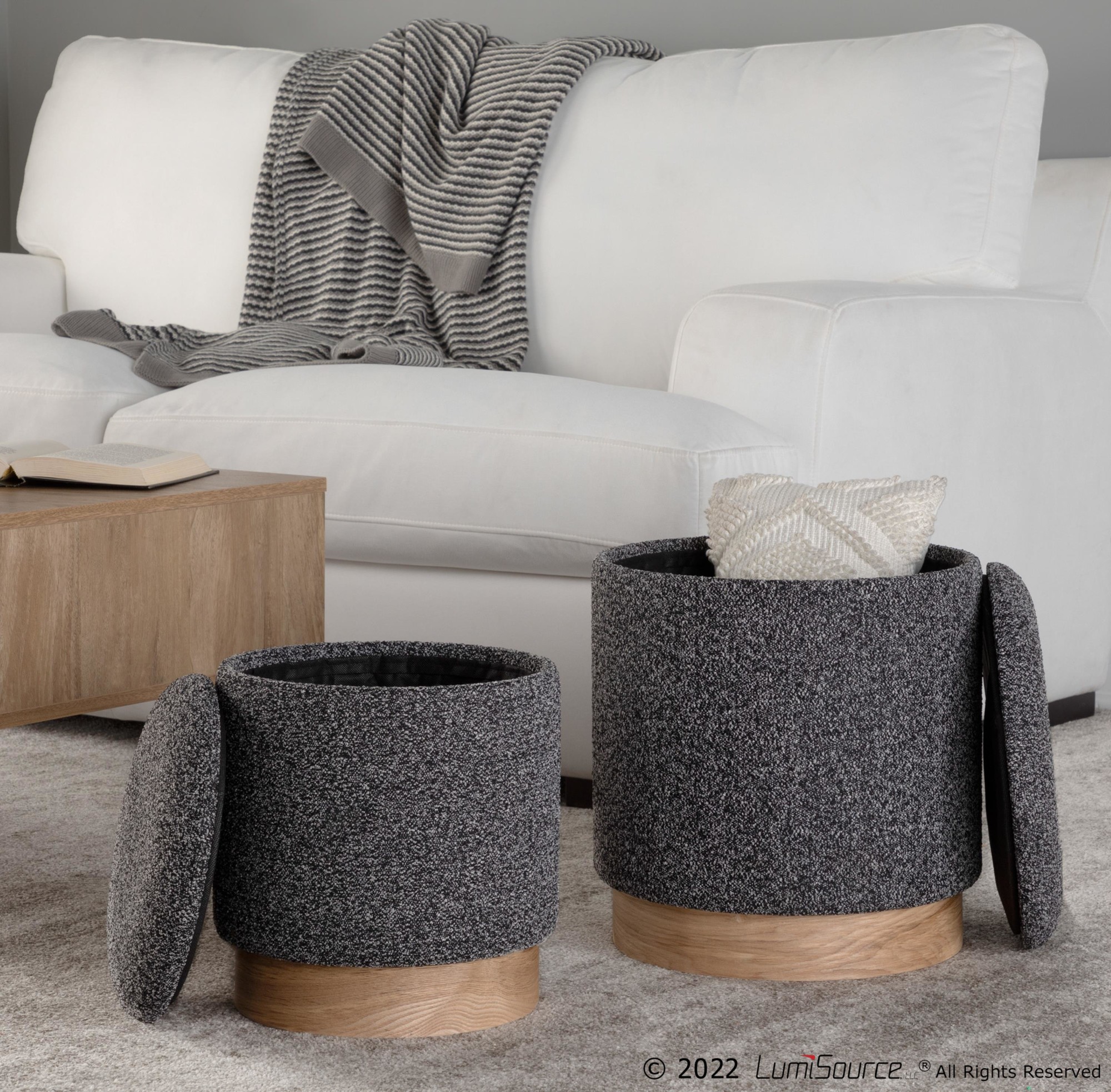 Marla Contemporary Black Fabric Nesting Ottoman Set Natural Wood 2 Marla Contemporary Black Fabric Nesting Ottoman Set Natural Wood - Image 2