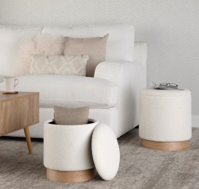 Marla Contemporary Cream Nesting Ottomans Natural Wood Base
