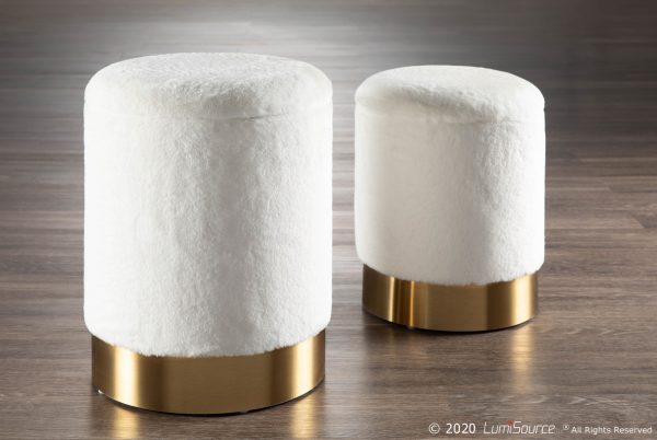 Marla Contemporary Cream Plush Fabric Nesting Ottomans Gold Base 1