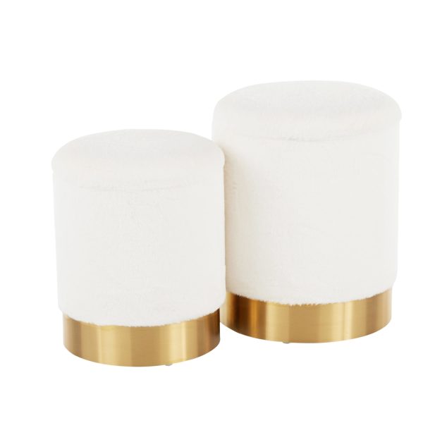 Marla Contemporary Cream Plush Fabric Nesting Ottomans Gold Base 4