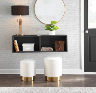 Marla Contemporary Cream Plush Fabric Nesting Ottomans Gold Base