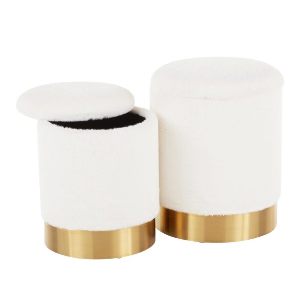 Marla Contemporary Cream Plush Fabric Nesting Ottomans Gold Base 5