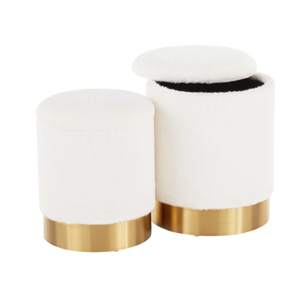 Marla Contemporary Cream Plush Fabric Nesting Ottomans Gold Base 6
