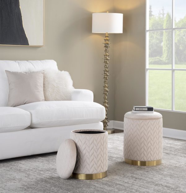 Marla Contemporary Cream Velvet Gold Nesting Ottoman Set 1
