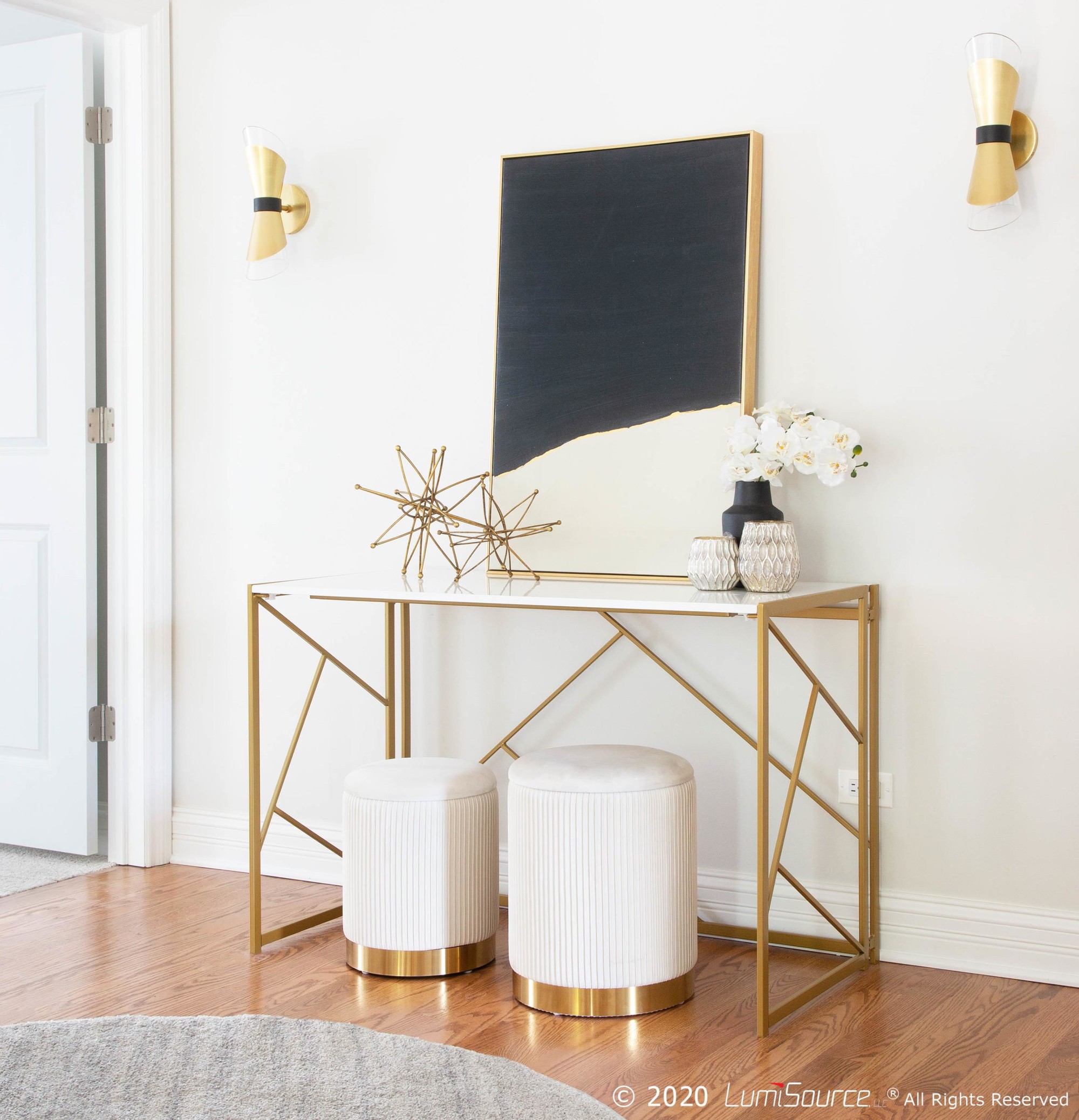 Marla Contemporary Cream Velvet Gold Nesting Ottomans 2 Marla Contemporary Cream Velvet Gold Nesting Ottomans - Image 2