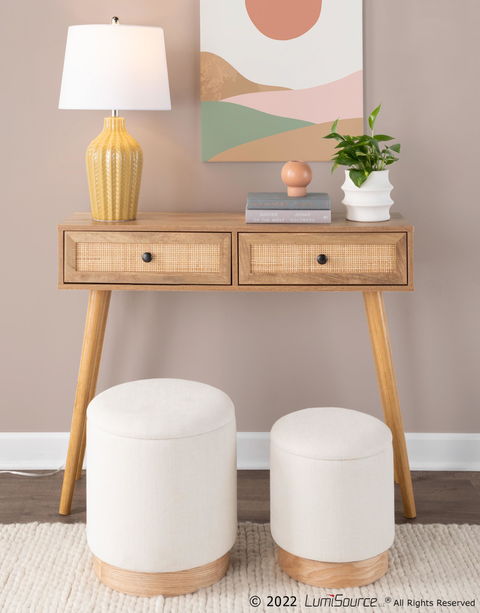 Marla Cream Fabric Natural Wood Contemporary Nesting Ottomans 2 Marla Cream Fabric Natural Wood Contemporary Nesting Ottomans - Image 2