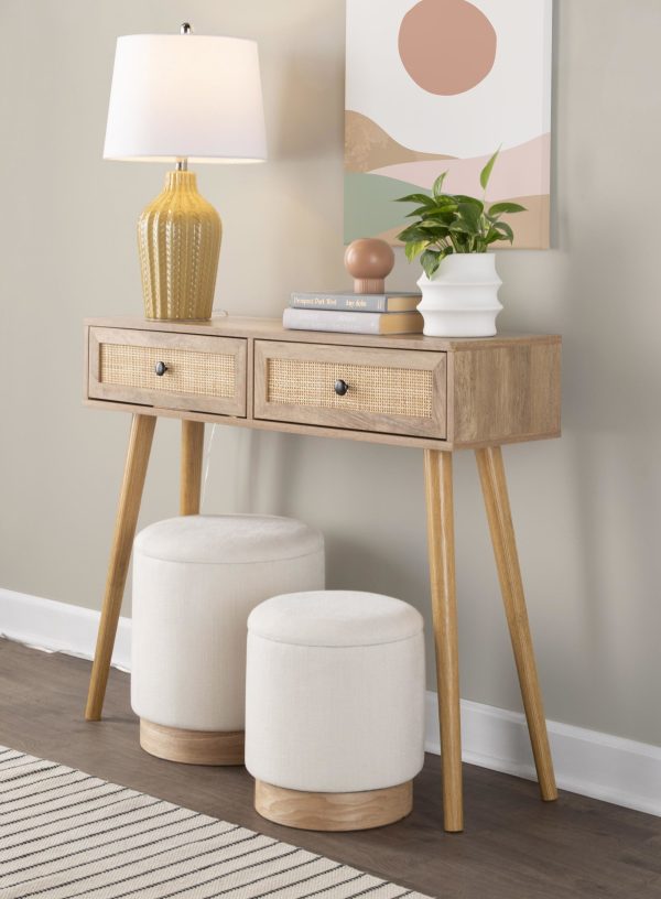 Marla Cream Fabric Natural Wood Contemporary Nesting Ottomans 2