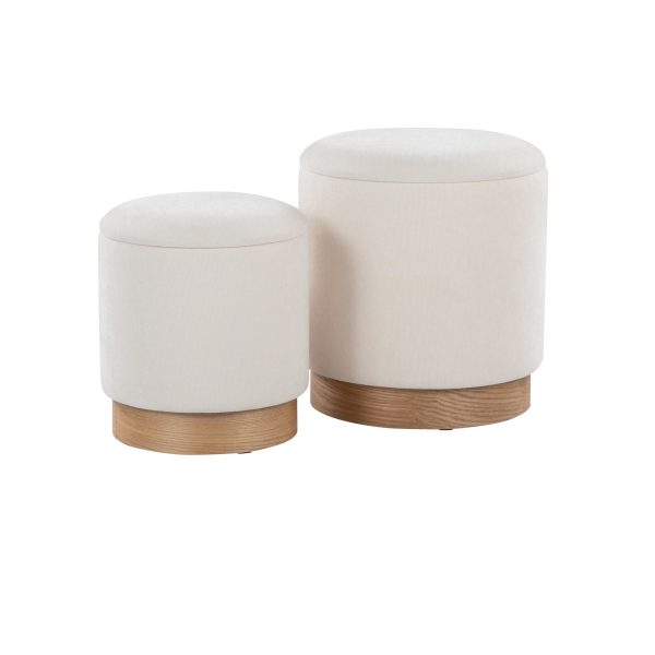 Marla Cream Fabric Natural Wood Contemporary Nesting Ottomans 3