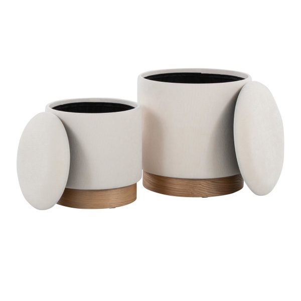 Marla Cream Fabric Natural Wood Contemporary Nesting Ottomans 4