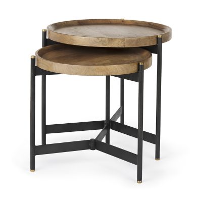 Marquisa (Set of 2) 22.5L x 22.5W x 20.8H Light Brown Wood W/ Black Metal Base Nesting Side Tables