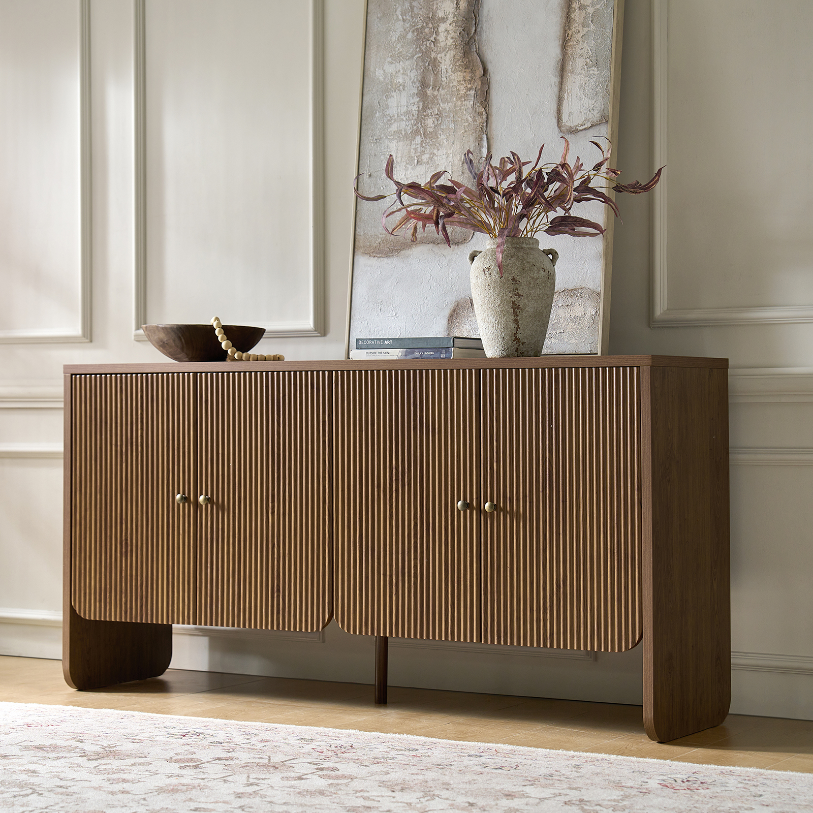 Martha Walnut Grooved 4-Door Modern Sideboard with Cable Management 2 Martha Walnut Grooved 4-Door Modern Sideboard with Cable Management - Image 2