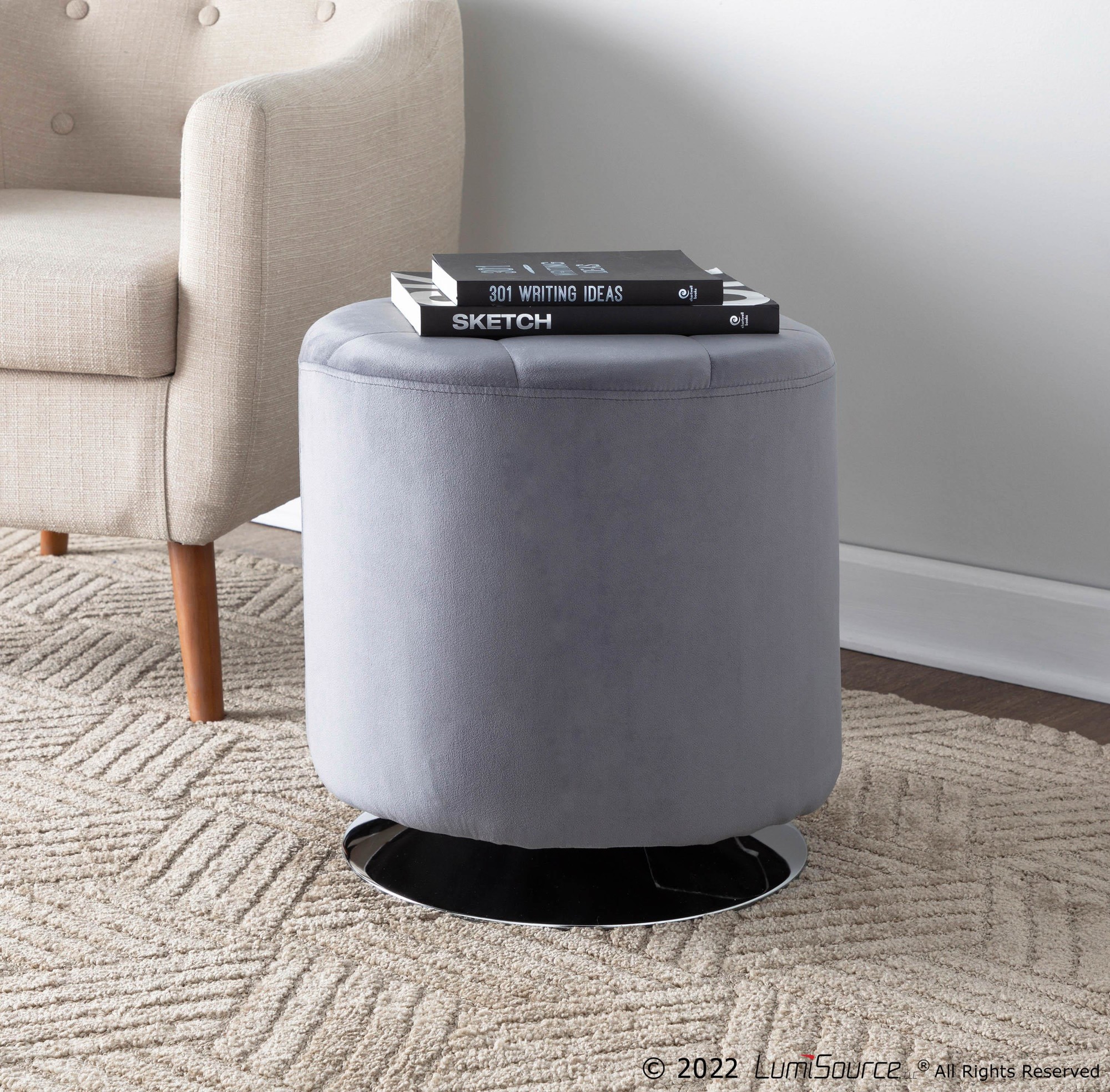 Mason 17-Inch Silver Velvet Contemporary Round Swivel Ottoman 2 Mason 17-Inch Silver Velvet Contemporary Round Swivel Ottoman - Image 2