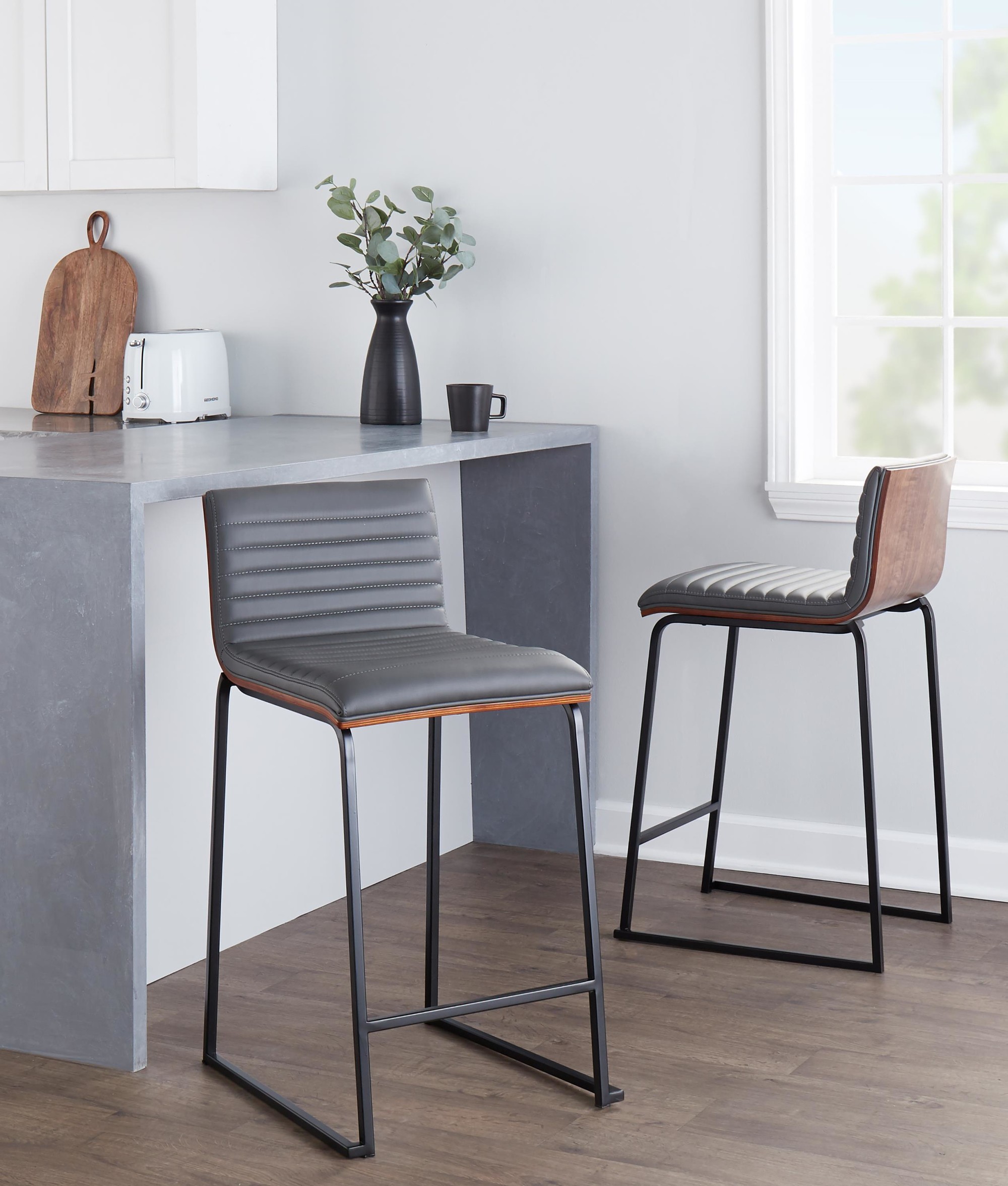 Mason Mara 26 Contemporary Black/Walnut Grey Faux Leather Counter Stools (Set of 2) 2 Mason Mara 26 Contemporary Black/Walnut Grey Faux Leather Counter Stools (Set of 2) - Image 2