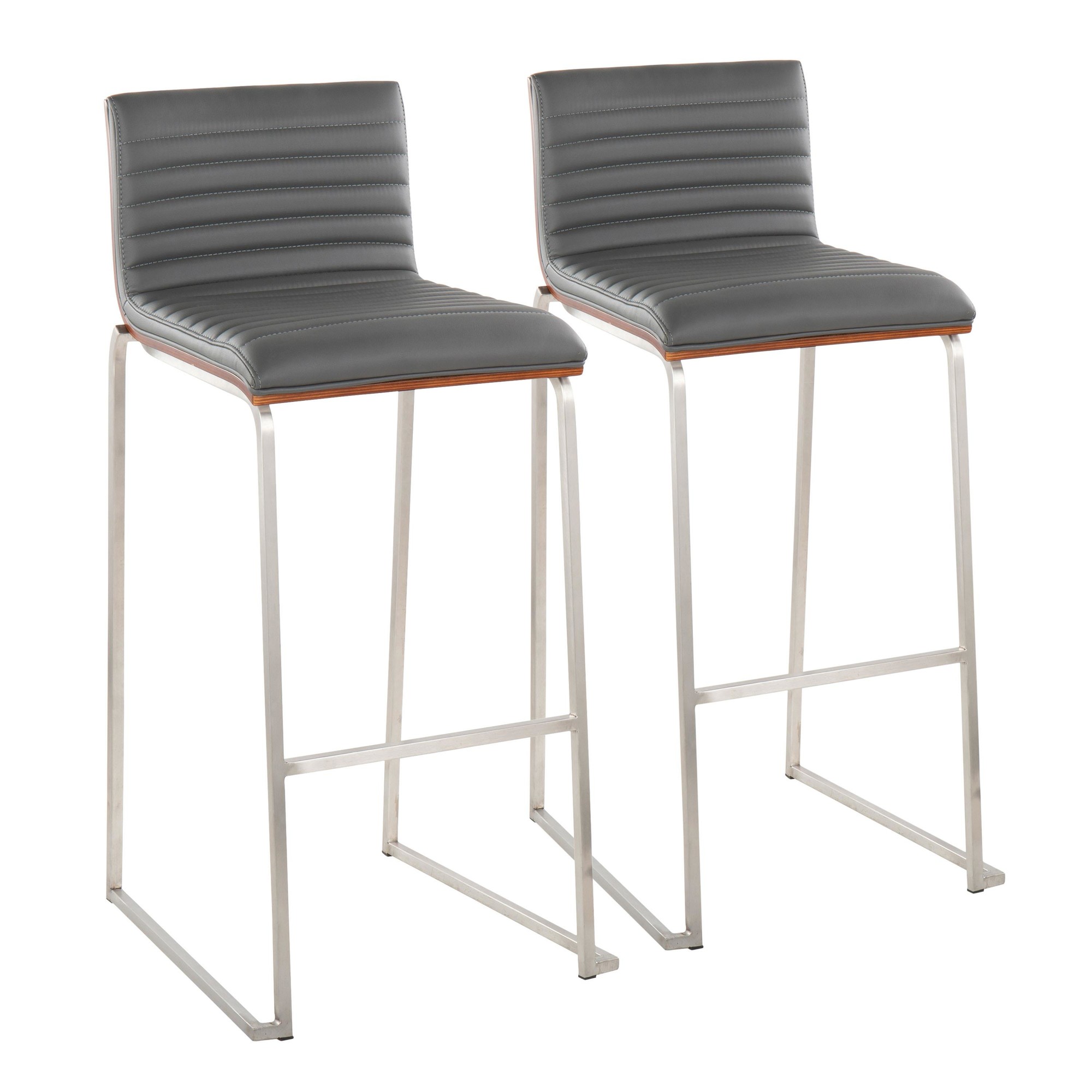 Mason Mara 30" Contemporary Walnut Grey Faux Leather Barstool (Set of 2) 2 Mason Mara 30" Contemporary Walnut Grey Faux Leather Barstool (Set of 2) - Image 2