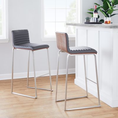 Mason Mara 30" Contemporary Walnut Grey Faux Leather Barstool (Set of 2)