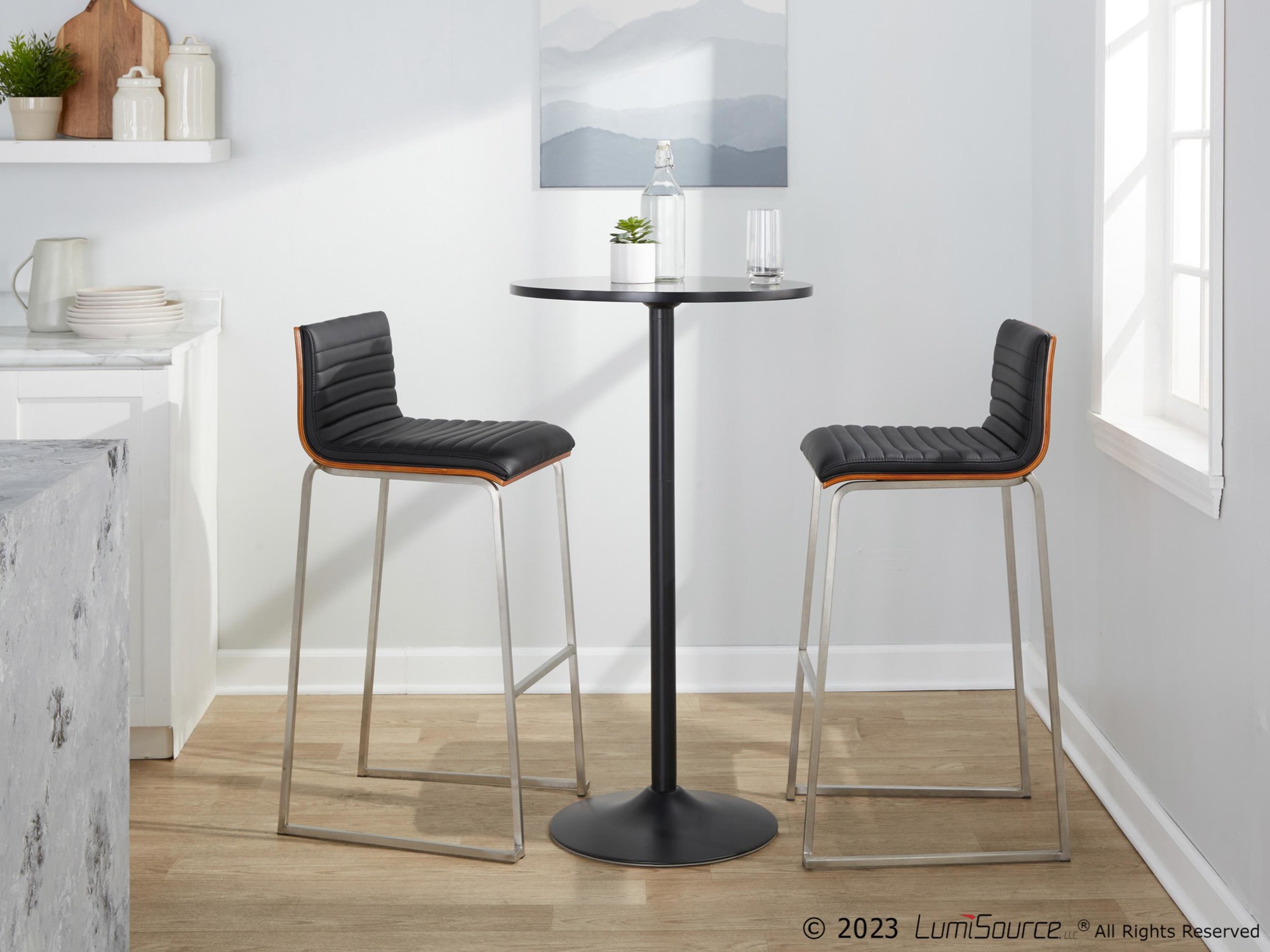 Mason Mara 30 Contemporary Walnut and Black Barstools (Set of 2) 2 Mason Mara 30 Contemporary Walnut and Black Barstools (Set of 2) - Image 2