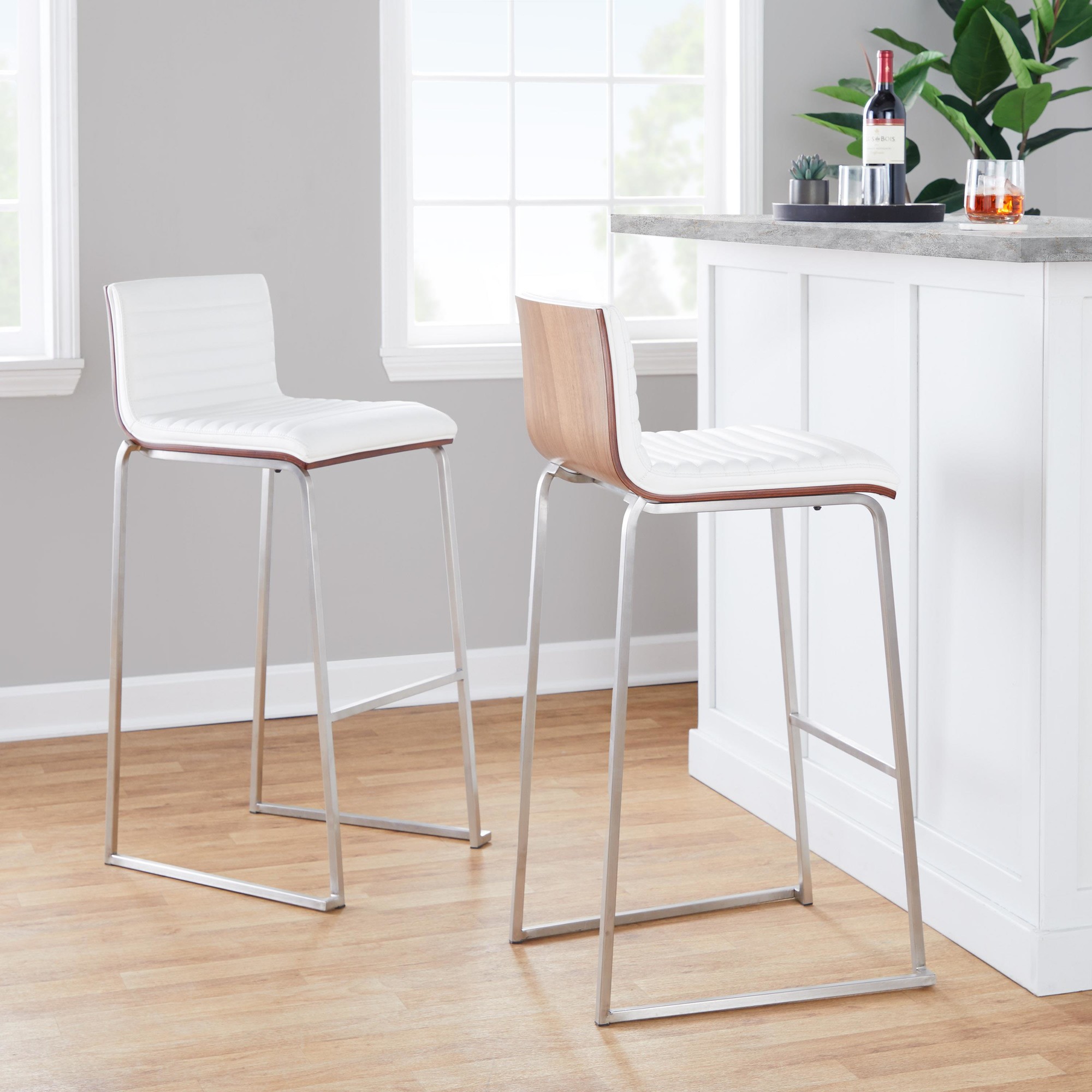 Mason Mara 30 Contemporary Walnut and White Barstools (Set of 2) 1 Mason Mara 30 Contemporary Walnut and White Barstools (Set of 2)