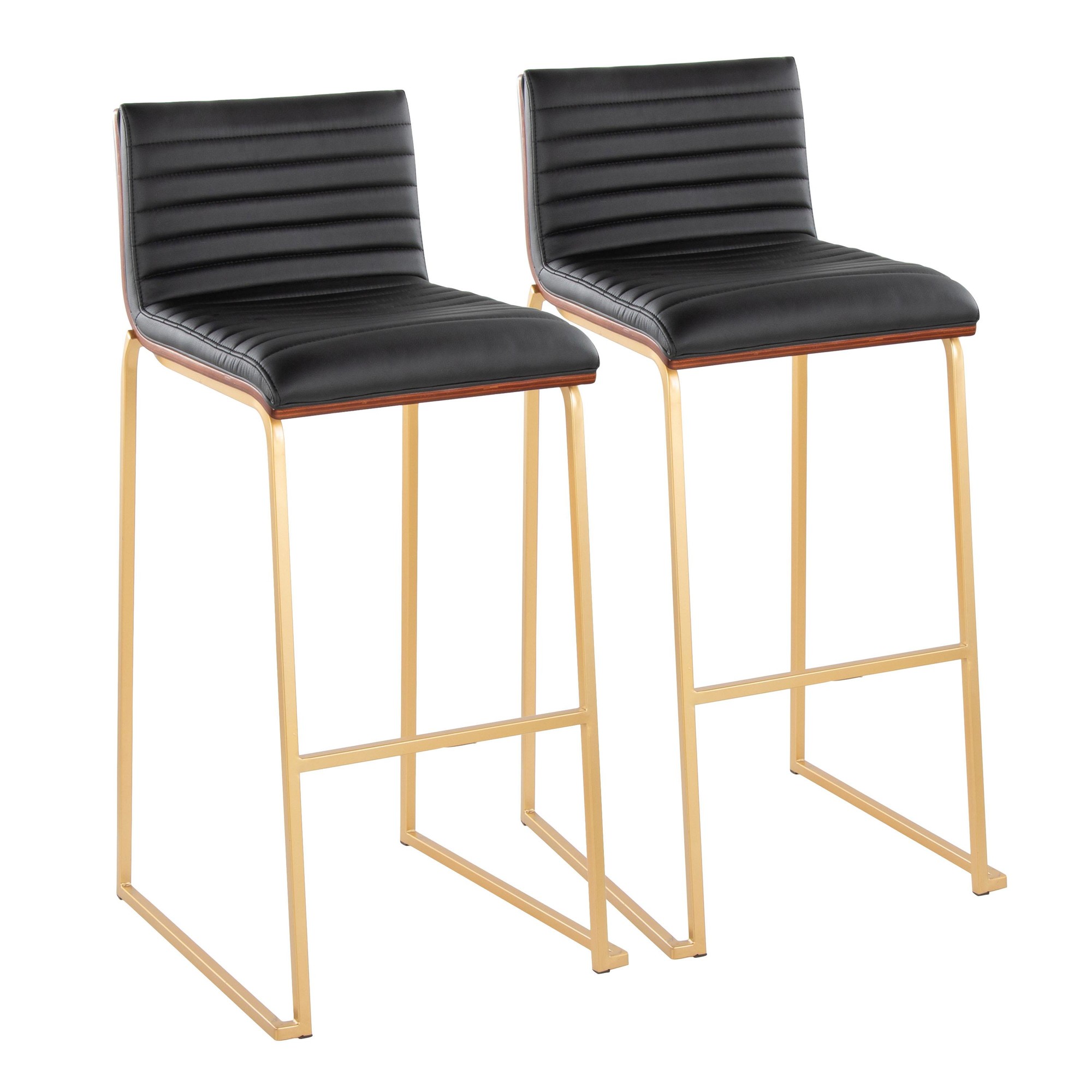 Mason Mara 30 Gold/Walnut Contemporary Barstool, Black Faux Leather (Set of 2) 3 Mason Mara 30 Gold/Walnut Contemporary Barstool, Black Faux Leather (Set of 2) - Image 3