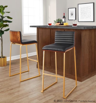 Mason Mara 30 Gold/Walnut Contemporary Barstool, Black Faux Leather (Set of 2)