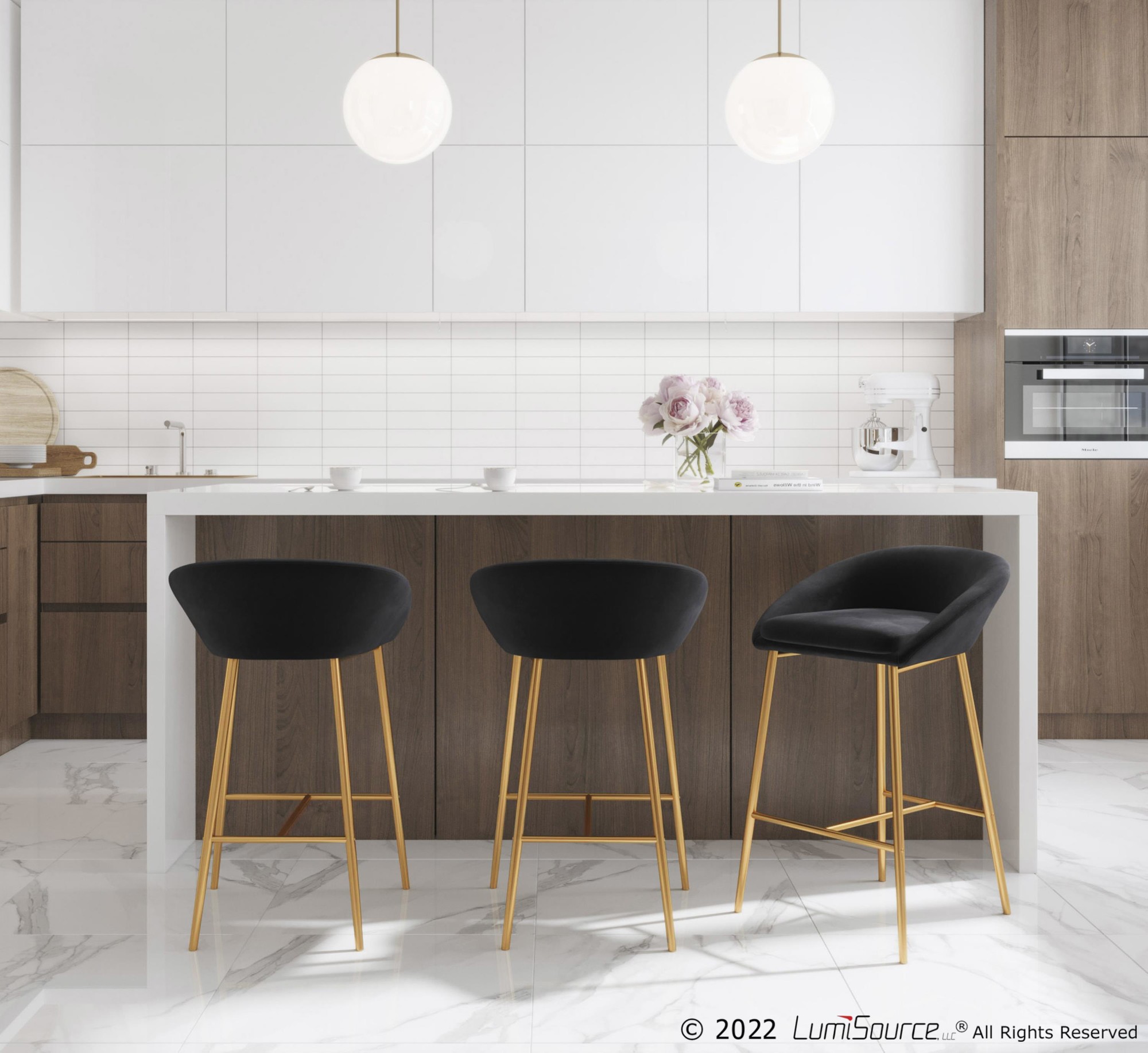 Matisse Glam Black Velvet Gold Contemporary 26-Inch Counter Stools (Set of 2) 2 Matisse Glam Black Velvet Gold Contemporary 26-Inch Counter Stools (Set of 2) - Image 2