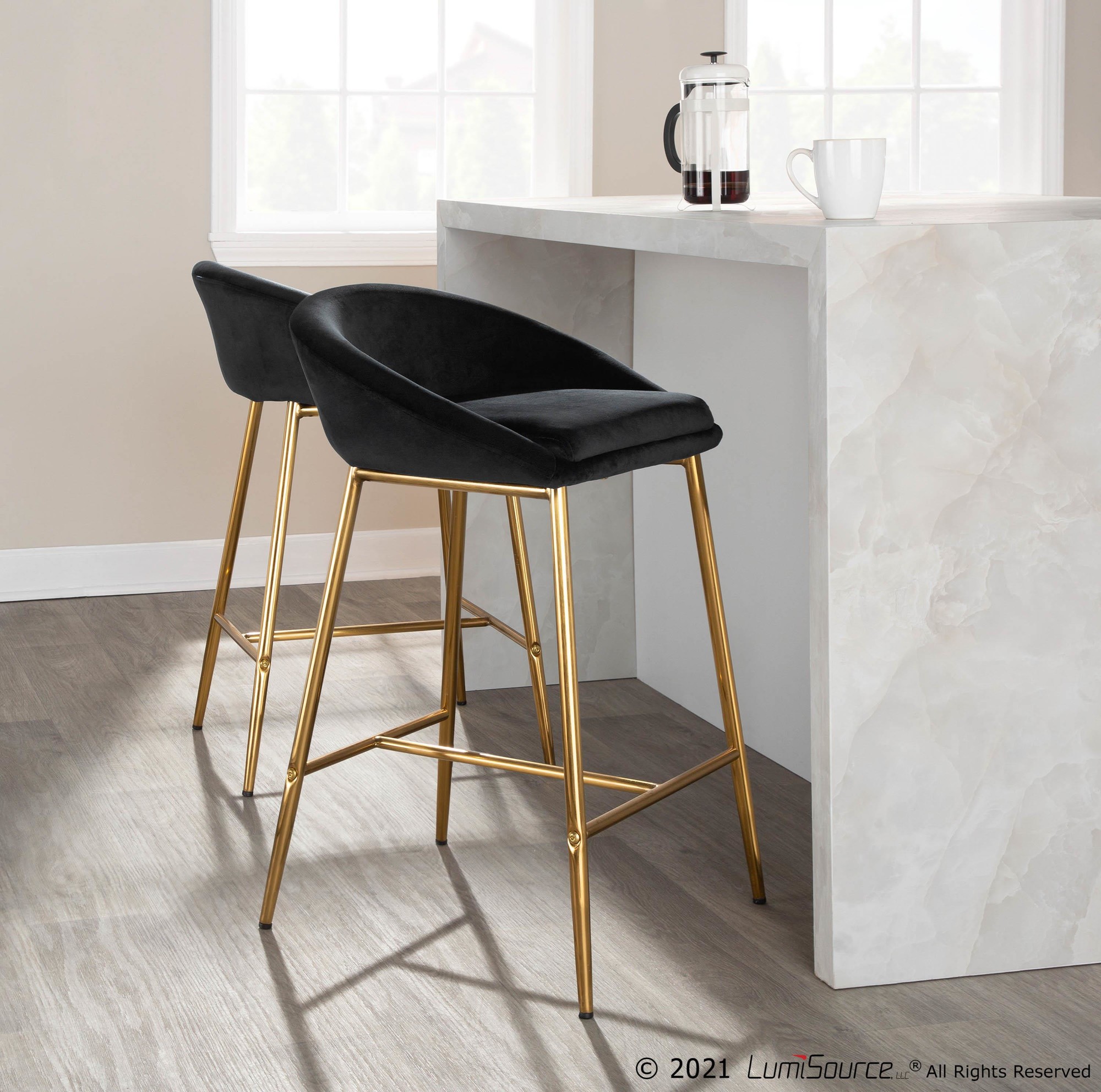 Matisse Glam Black Velvet Gold Contemporary 26-Inch Counter Stools (Set of 2) 3 Matisse Glam Black Velvet Gold Contemporary 26-Inch Counter Stools (Set of 2) - Image 3