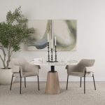 Maxwell 48L x 48W x 30H White Marble Round Top W/ Black Metal and Wood Pedestal Base Dining Table