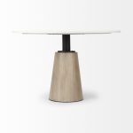 Maxwell 48L x 48W x 30H White Marble Round Top W/ Black Metal and Wood Pedestal Base Dining Table
