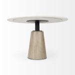 Maxwell 48L x 48W x 30H White Marble Round Top W/ Black Metal and Wood Pedestal Base Dining Table