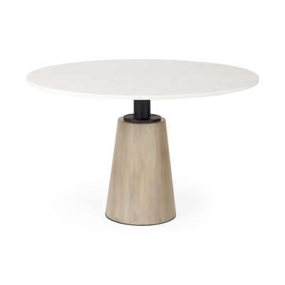 Maxwell 48L x 48W x 30H White Marble Round Top W/ Black Metal and Wood Pedestal Base Dining Table