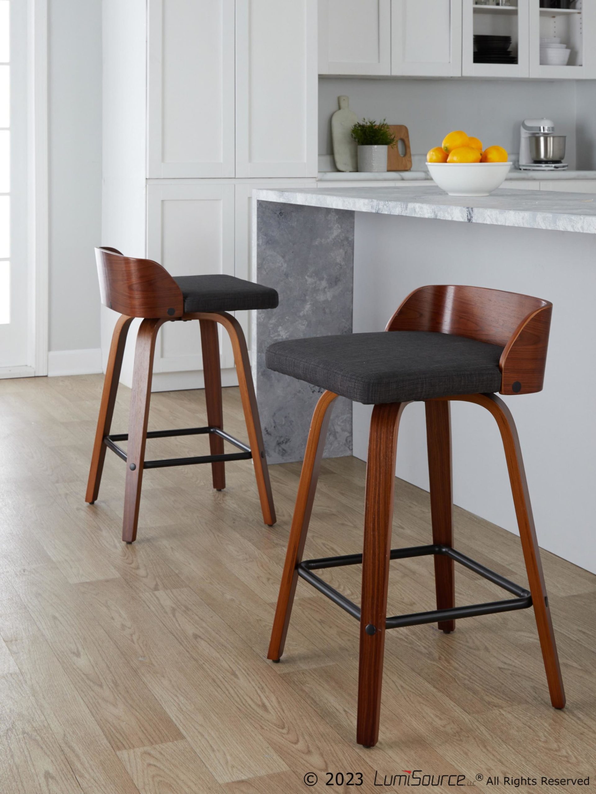 Maya 24 Inch Mid-Century Walnut/Charcoal Swivel Counter Stools (Set of 2) 2 Maya 24 Inch Mid-Century Walnut/Charcoal Swivel Counter Stools (Set of 2) - Image 2