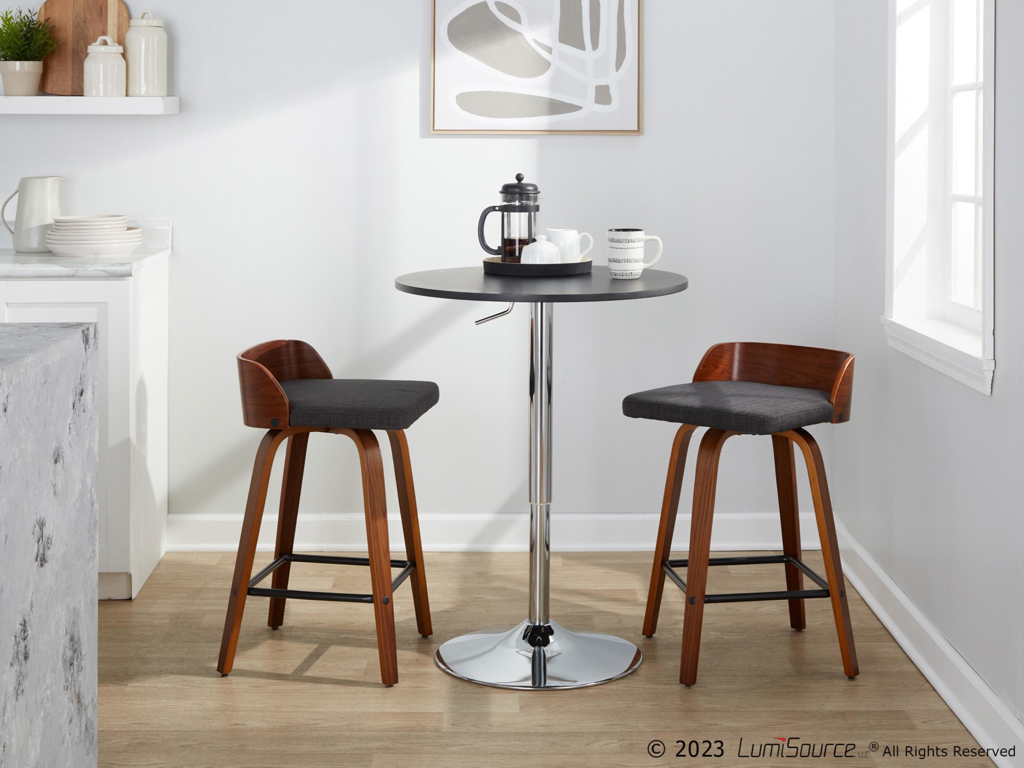 Maya 24 Inch Mid-Century Walnut/Charcoal Swivel Counter Stools (Set of 2) 3 Maya 24 Inch Mid-Century Walnut/Charcoal Swivel Counter Stools (Set of 2) - Image 3
