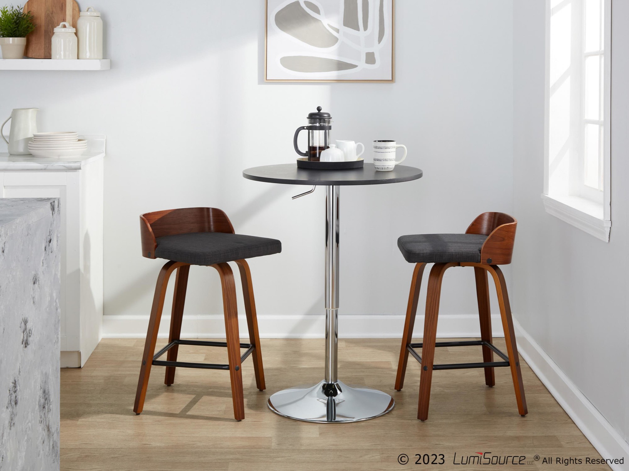 Maya 24 Inch Mid-Century Walnut/Charcoal Swivel Counter Stools (Set of 2) 4 Maya 24 Inch Mid-Century Walnut/Charcoal Swivel Counter Stools (Set of 2) - Image 4
