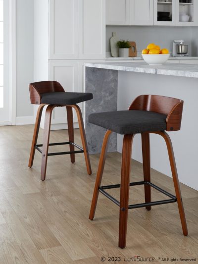 Maya 24 Inch Mid-Century Walnut/Charcoal Swivel Counter Stools (Set of 2)