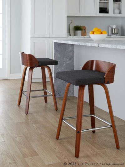 Maya 26-Inch Mid-Century Modern Walnut and Charcoal Swivel Stools (Set of 2)