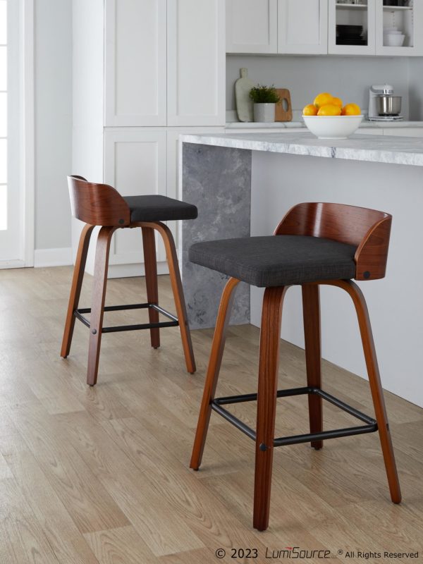 Maya 26 Inch Walnut Wood Charcoal Swivel Counter Stools Set of 2 1