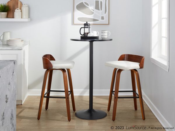 Maya 30 Inch Mid Century Modern Swivel Barstool Walnut and Charcoal Set of 2 1