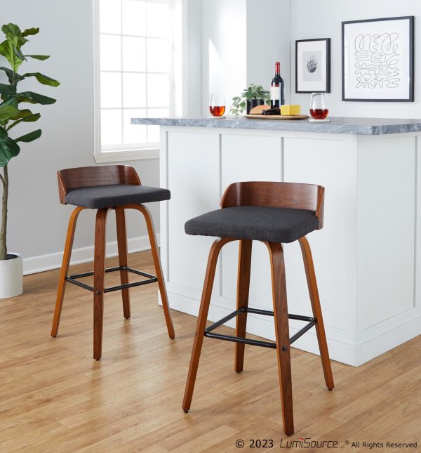 Maya 30 Inch Mid Century Modern Swivel Barstool Walnut and Charcoal Set of 2 2